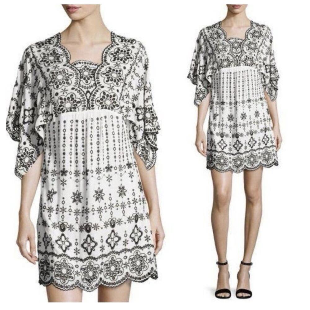 Parker Beth White Black Embroidered Shift Dress Kimono Sleeves XL Boho Resort